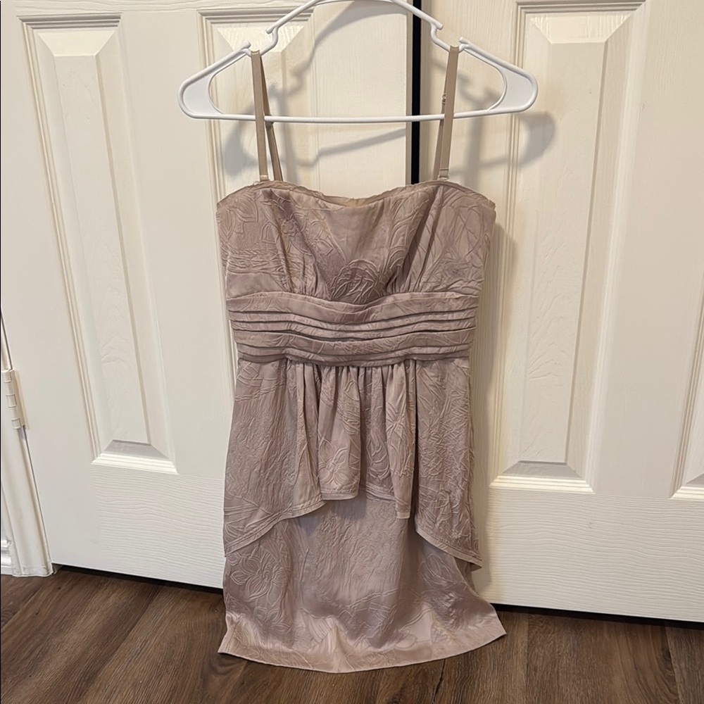 BCBGMaxAzria Taupe Asymmetrical Ruched Mini Dress